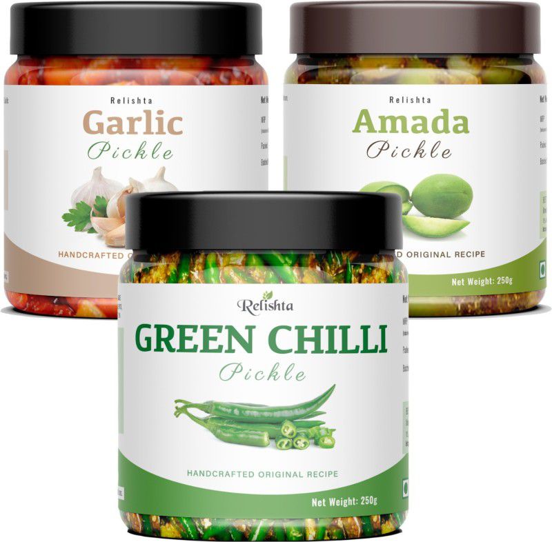 Relishta Green Chilli Garlic & Amada Pickle Hari Mirch Achar (4x250G) Less Oil Homemade Green Chilli Pickle  (3 x 250 g)