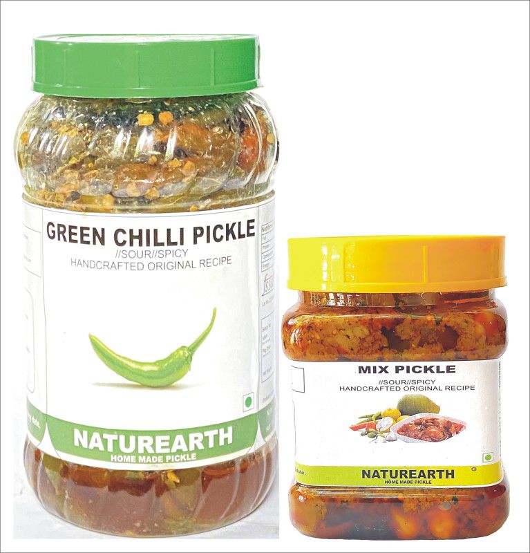 NaturEarth Green Chilli Pickle & Mix Pickle Combo ( 400+200 Gm) Maa Ke Hath Ka Achar Green Chilli Pickle  (2 x 300 g)
