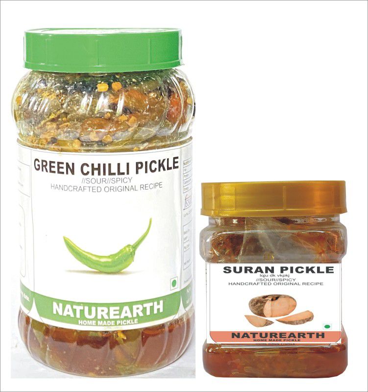 NaturEarth Green Chilli Pickle & Suran Pickle Combo ( 400+200 Gm) Maa Ke Hath Ka Achar Green Chilli Pickle  (2 x 300 g)