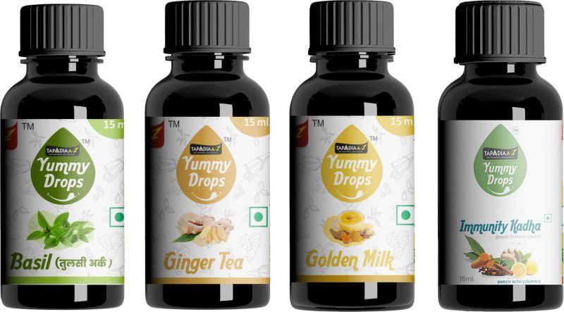 TapadiaA-Z YummyDrops Natural Ginger Tea, Basil Drops, Golden Milk and Health Kadha - (Each 15 ml) Basil Liquid Food Essence  (60 ml)