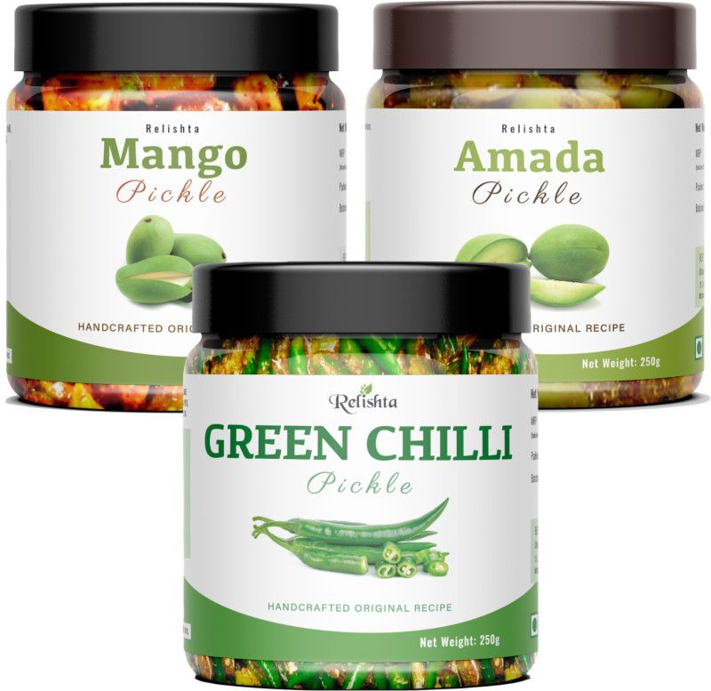Relishta Green Chilli Mango & Amada Pickle Hari Mirch Achar (4x250G) Less Oil Homemade Green Chilli Pickle  (3 x 250 g)