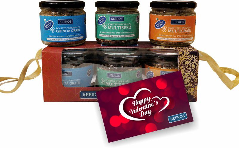 Keeros Healthy Snacks Valentine Gift For Boyfriend,Girlfriend,Husband,Wife|3 Jar+Card  (3 x 116.67)