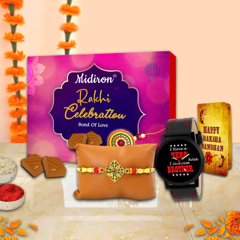 Midiron Rakhi for Brother, Rakhi gift for Brother, Rakhi with Chocolate and Watch, Rakhi with Chawal Roli Pack, Rakhi for brother with chocolate IZ21-02 Combo  (1 Chocolate Box, 1 Rakhi with Chawal Roli, 1 Watch for Brother, 1 Rakhi Tag)