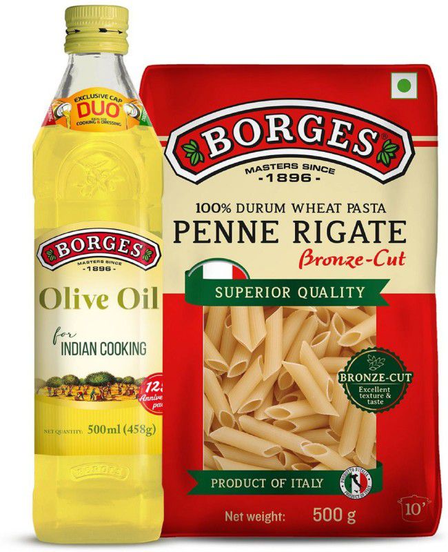 BORGES Extra Light Olive Oil, Healthy Cooking Olive Oil 500ml & Durum Wheat Pasta Penne Rigate Pasta  (Pack of 2, 500 g)