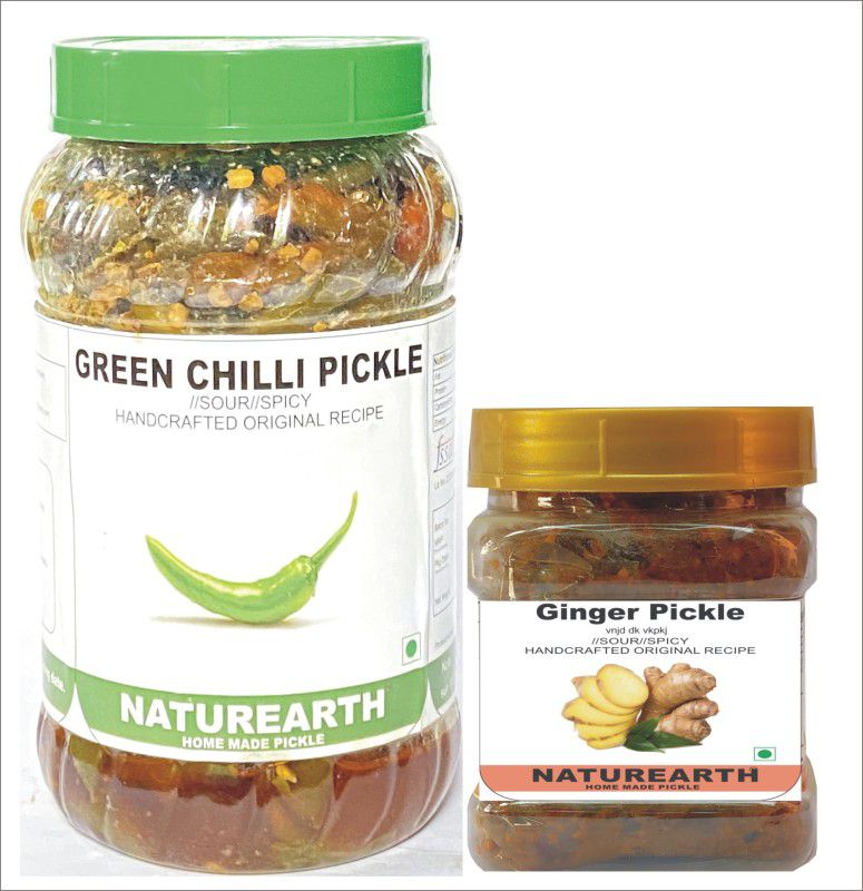 NaturEarth Green Chilli Pickle & Ginger Pickle Combo ( 400+200 Gm) Maa Ke Hath Ka Achar Green Chilli Pickle  (2 x 300 g)