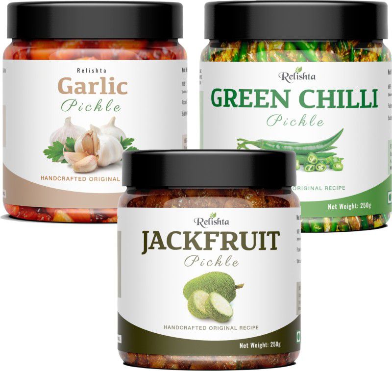 Relishta Jackfruit Garlic & Green Chilli Pickle Kathal Achar (3x250G) Less Oil Homemade Jackfruit Pickle  (3 x 250 g)