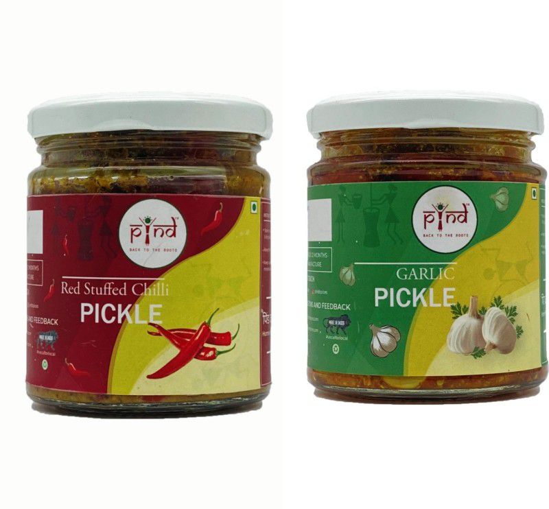 pind COMBO PICKLE 2 IN 1, HOMEMADE STUFFED RED CHILLI PICKLE, GARLIC PICKLE, PINDDA ACHAAR, 200GM EACH Mixed Pickle  (2 x 200 g)