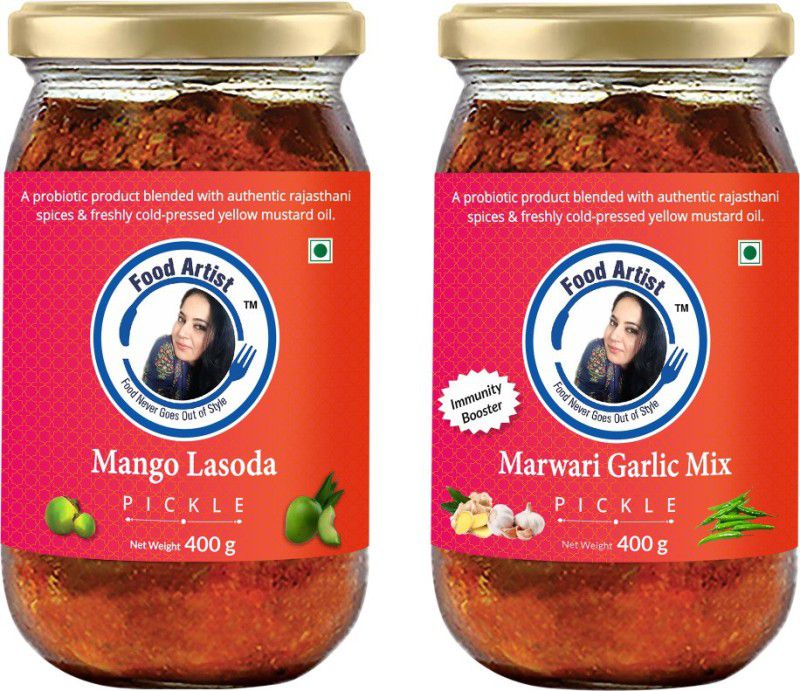 Food Artist Mango LASODA I GONDA Mango and MARWARI Garlic Mix Pickle Pack of (400X2) Mango, Lesua, Garlic Pickle  (2 x 400 g)
