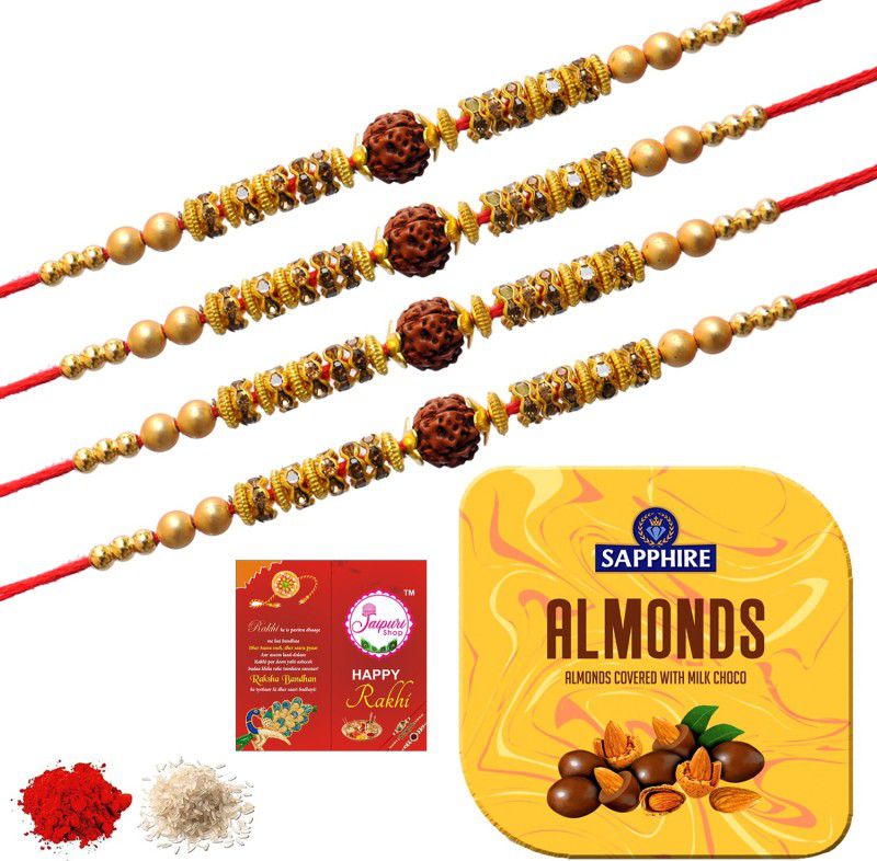 Jaipuri Shop Sapphire Square Tin Almond 90G Chocolate With Rudraksha 4 Rakhi Set - SAP90G4b_4MOTIRUD Combo  (7)