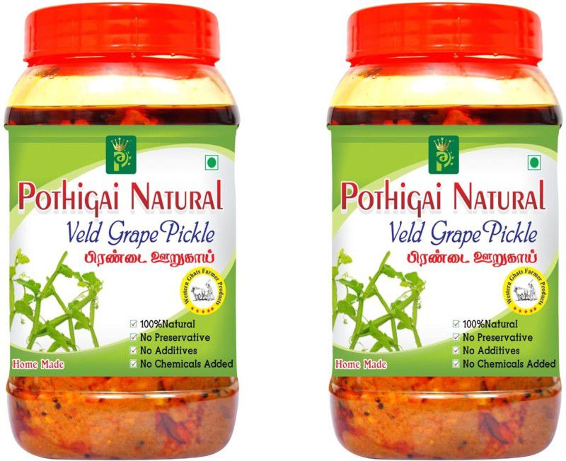 POTHIGAI NATURAL Veld Grape Pickle 1 kg Pure Home Made Pickle / Made with Wooden Cold Pressed Gingelly Oil / No Preservatives/ 100% Natural Tamarind, Red Chilli Pickle  (2 x 500 g)