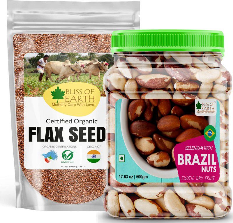 Bliss of Earth Combo Of Healthy Brazil Nuts Rich Super Nut (500gm) And Organic Raw Flax Seeds for Eating and Weight Loss (600gm) Rich in Omega Pack Of 2 Combo  (1100 GM)