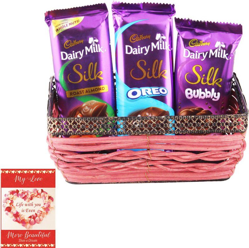 Cadbury Gift Hamper For Surprise | Chocolate Gift Hamper For Valentine | 8622 Combo  (1 Designer Basket , 3 Dairy Milk Silk Chocolate(60g) , 1 Love Card)