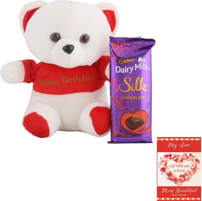 Cadbury Dairy Milk Silk With Happy Valentine Teddy | Chocolate Gift For Valentine | 393 Combo  (1 Dairy Milk Silk Chocolate(60g) , 1 Happy Birthday Teddy Bear. , 1 Love Card)