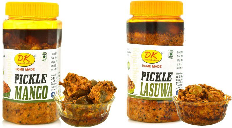 D.K. Namkeen & Pickles 2 in 1Rajasthani Homemade Mango + Lasuwa Pickle Raw Mango(Kairi), Lesua Pickle  (2 x 450 g)