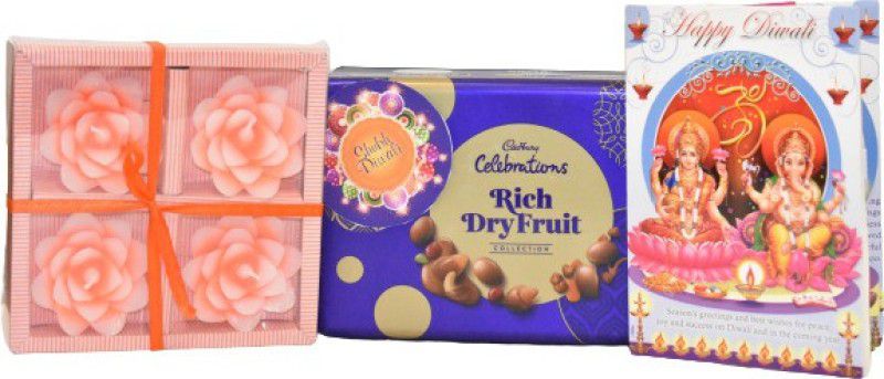 Uphar Creations Premium Rich Dryfruits Gift Box With Candle Set And Diwali card | Diwali Gifts| Chocolate Gifts| Combo  (Dairymilk Rich Dryfruits Box -1 |Diwali Card-1 | Tealight Candle Holder-1)