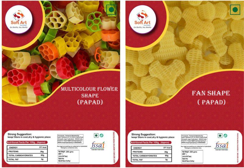 Soft Art Home Made Multicolor Flower Shape Fryums, and Fan Shape Fryums (250g Each) Fryums 500 g  (Pack of 2)