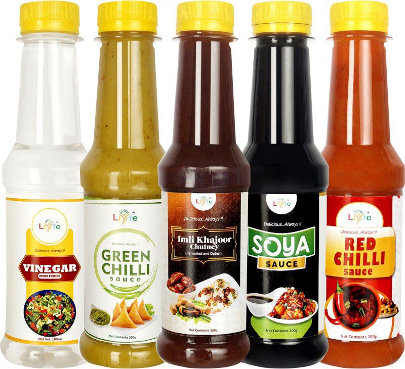 LIYFE Combo of 5 Sauce (Imli Dates Chutney, Green Chilli, Soya Sauce, Red Chilli, Vinegar) Sauces & Ketchup  (5 x 196 ml)