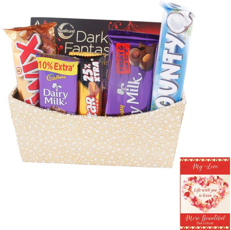 Cadbury Premium Chocolate Gift Basket Hamper | Chocolate Gift for Valentine |1 | 260 Combo  (1 Designer Basket, 1 5Star (25g), 1 Dairy Milk (13.2g), 1 Dark Fantasy (75g), 1 Twix (50g), 1 Dairy Milk Fruit & Nut(36g), 1 Bounty (57g), 1 Love Card)