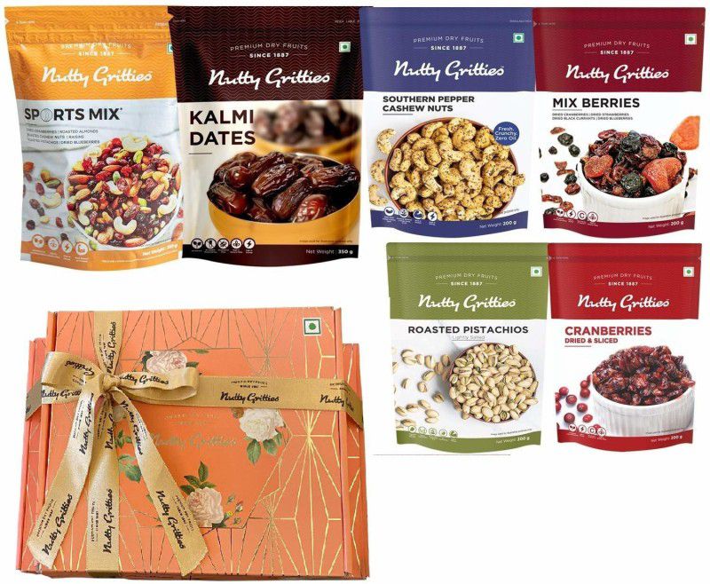 Nutty Gritties Dry Fruits Gift Box - Sports Mix, Kalmi Dates, Mix Berries, US Cranberries, Roasted Pistachios, Pepper Cashews - Combo  (1.5KGS)