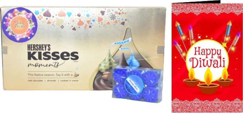 Uphar Creations Delicious Hershey's Kisses Gift PackWith Blue Ocean Candle Set And Diwali card | Diwali Gifts| Chocolate Gifts| Combo  (Hershey's Kisses Gift Pack-1 | Diwali Card-1| Diwali Candle Holder-1)