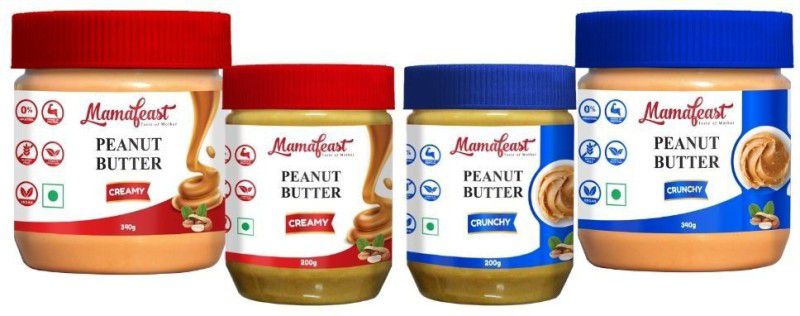 Mamafeast Peanut Butter Crunchy 1080g |Source of Protein & Fibre | No Added Sugar | Non GMO | Gluten Free | Premium Peanuts |100% Vegan |Cholesterol Free| 340g Pack of 2 |200g Pack of 2 | Pack of 4 1080 g  (Pack of 4)