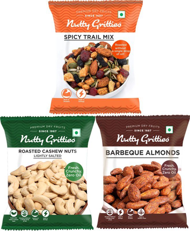 Nutty Gritties Roasted Cashewnuts, lightly salted 48g, Spicy Trail Mix 54g, Barbeque Almonds 48g Combo  (150g)