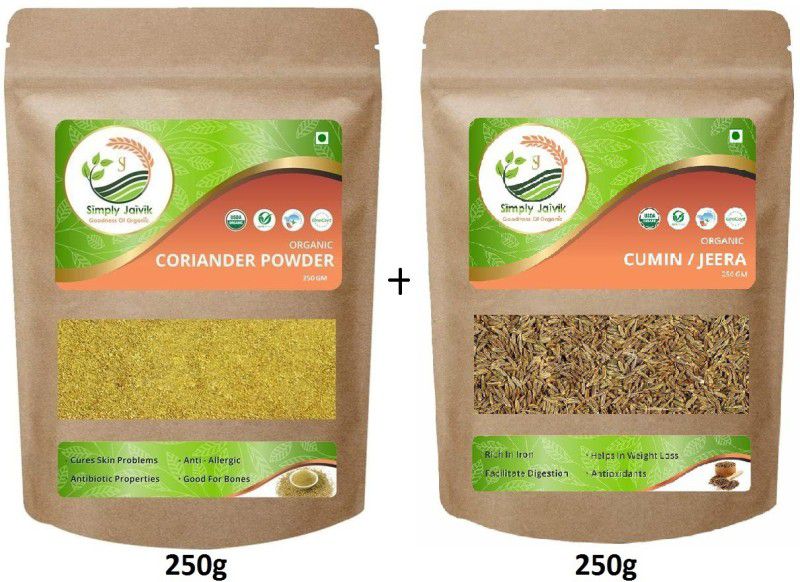 Simply Jaivik Organic Coriander (Dhaniya) Powder, 250 Gm With 250g Jeera/Cumin  (500 g)