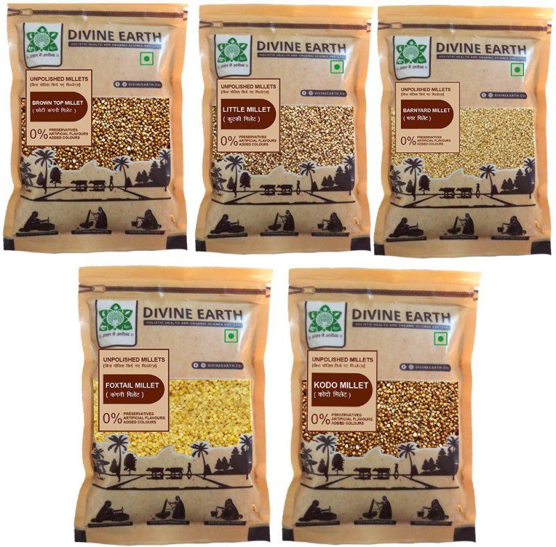 Divine Earth Siridhanya Millet 5pack,Browntop,Little,Barnyard,Foxtail,Kodo(500G*5) Mixed Millet  (2.5 kg, Pack of 5)