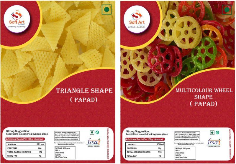 Soft Art Home Made Triangle Papad Fryums, and Multicolor Wheel Shape Fryums (250g Each) Fryums 500 g  (Pack of 2)