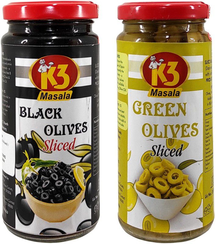 K3 Masala Green olives Sliced (230gm) and Black olives Sliced (230gm)(Pack of 2) Olives  (460 g, Pack of 2)