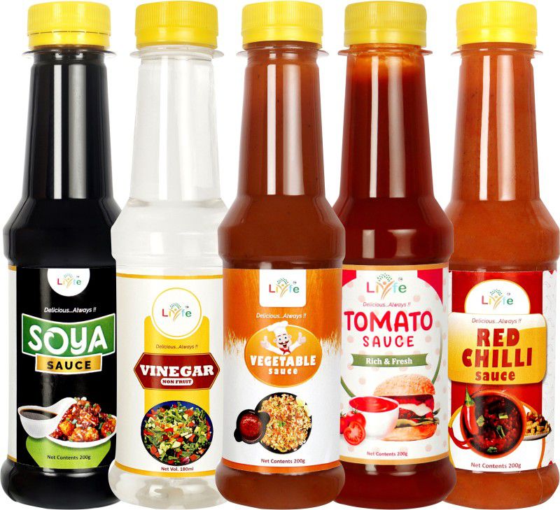 LIYFE Combo of 5 Sauce ( Vegetable Sauce+Tomato Ketchup+Red Chilli+Soya Sauce+Vinegar) Sauces & Ketchup  (5 x 200 g)