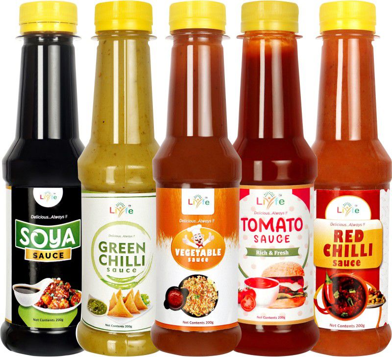 LIYFE Combo of 5 (Vegetable Sauce, Tomato Ketchup, Soya Sauce, Green Chilli, Red Chilli) Sauces & Ketchup  (5 x 200 g)