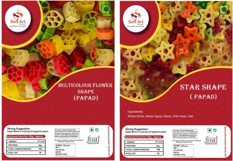 Soft Art Home Made Multicolor Flower Shape Fryums, and Multicolor Star Shape Fryums (250g Each) Fryums 500 g  (Pack of 2)