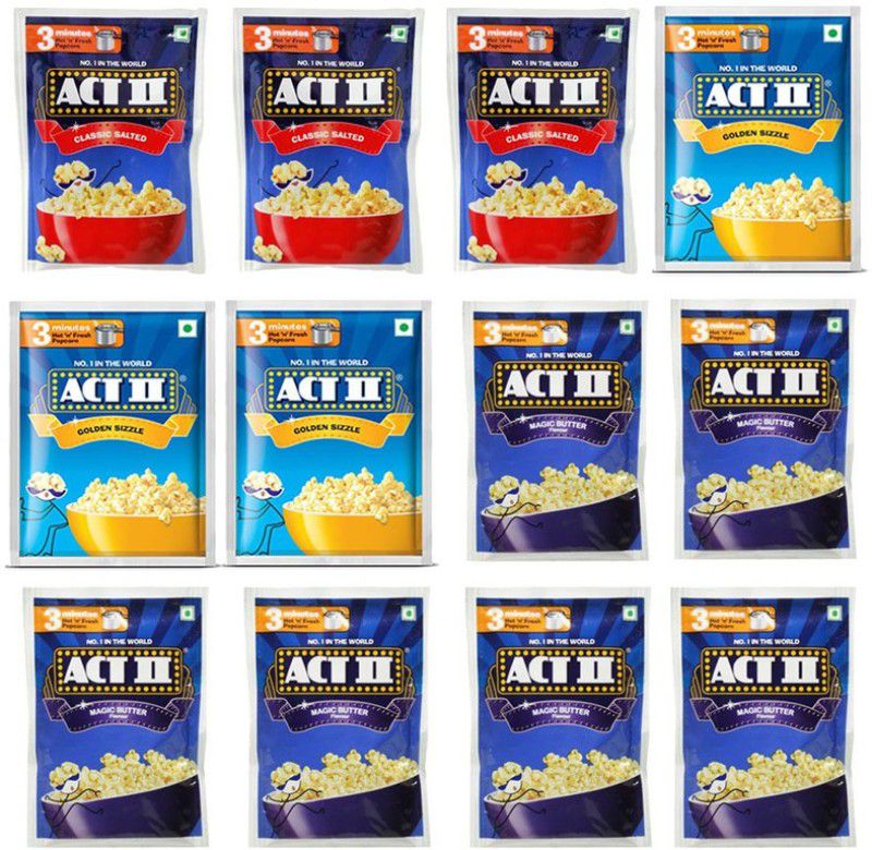 ACT II 3 Classic 3 Golden Sizzle and 6 Magic FlavourPopcorn,Each 40g (Pack of 12) Butter Popcorn  (23.41 kg, Pack of 12)