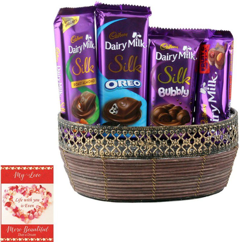Cadbury Dairy Milk Silk Flavored Chocolates With Handcradted Basket | Chocolate Gift Hamper For Valentine | 8482 Combo  (1 Designer Basket , 3 Dairy Milk Silk Chocolate(60g) , 1 Dairy Milk fruit N Nut (36g), 1 Love Card)