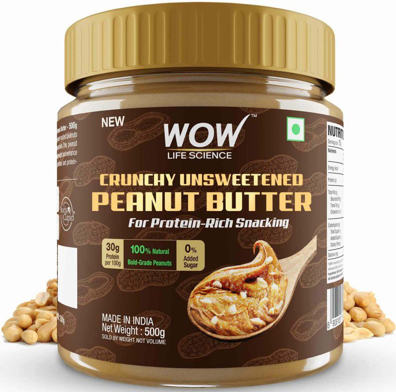 WOW Life Science Crunchy Unsweetened Peanut Butter 500 g