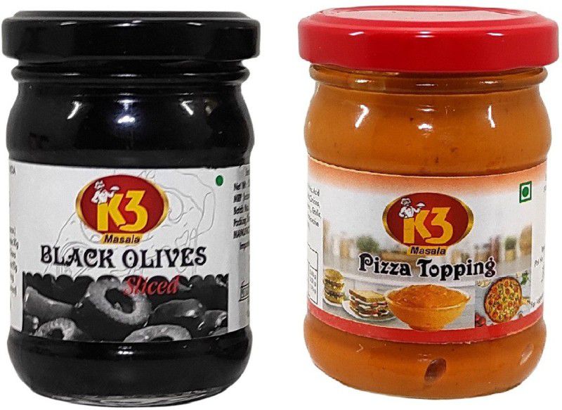 K3 Masala Pizza Topping (100gm)and Black olives Sliced (120 gm)(Pack of 2) Olives  (220 ml, Pack of 2)