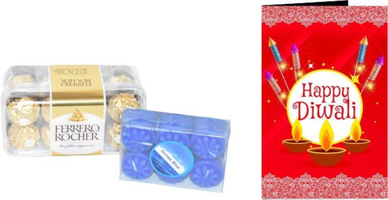 Uphar Creations Ferrero Rocher Pack Of 16 With Blue Ocean Candle Set And Diwali card | Diwali Gifts| Chocolate Gifts| Combo  (Ferrero Rocher Pack Of 16 -1| Diwali Card-1 | Diwali Candle Holder-1)
