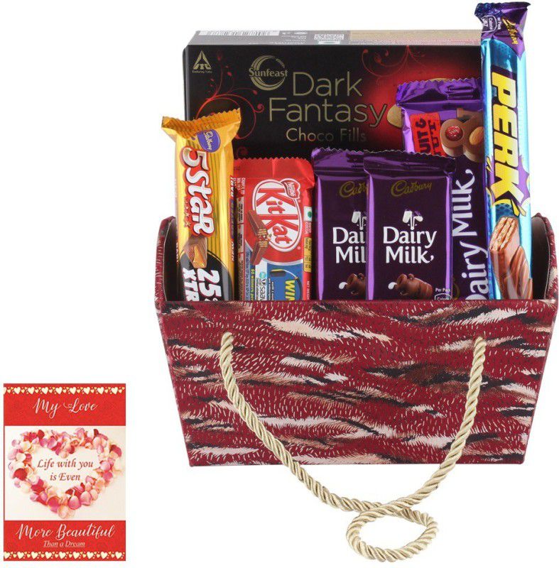 Cadbury Chocolate Gift Hamper For Valentine | 8682 Combo  (Premium Designer Handle Basket , 2 Dairy Milk (13.2g), 1 Kitkat (12.8g) , 1 5Star (25g) , 1 Dairy Milk fruit N Nut (36g) , 1 Perk (13g) , 1 Dark Fantasy (75g), 1 Love Card)