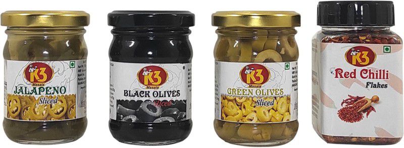 K3 Masala Black Olives (120gm),Green Olives (120gm),Jalapeno Sliced (120gm) and Red Chilli Flakes (50gm) (Pack of 4) Olives  (410 g, Pack of 4)