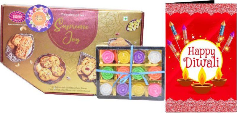 Uphar Creations Supreme Joy Cookies Gift Pack With 12 Candle Set And Diwali card | Diwali Gifts| Chocolate Gifts| Combo  (Supreme Joy Cookies Gift Pack-1| Diwali Card-1 | Diwali Candle Holder-1)