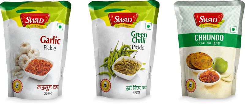SWAD Combo Pack of Delicious and Spicy Garlic Pickle, Green Chili Pickle and Chhundo Pickle | Pack of 3 | 200g Each Mango, Garlic, Lemon, Carrot, Tenti, Raw Mango(Kairi) Pickle  (3 x 200 g)