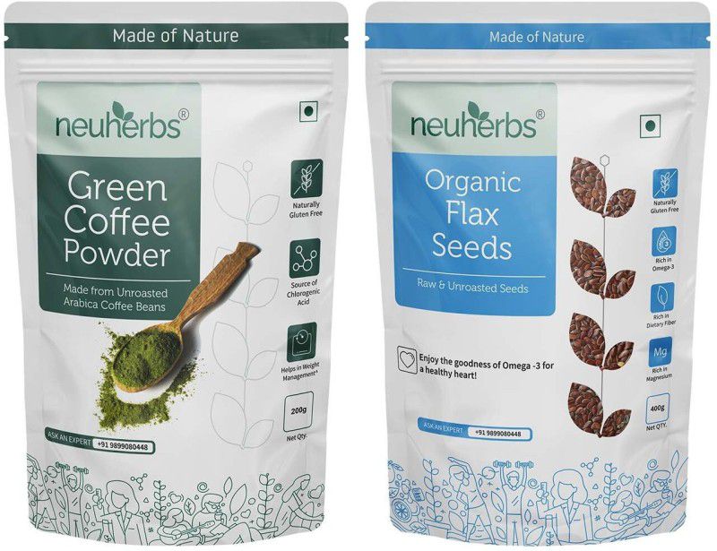 Neuherbs Green coffee bean powder-200g and Flax seeds-400g Combo pack for weight management, Good for digestion and Omega - 3 power Combo  (200 G, 400 G)