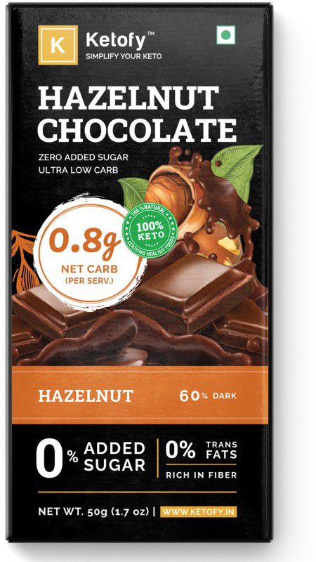 Ketofy Hazelnut Keto Chocolate (50g) | Hazelnut Rich Unsweetened Dark Chocolate Bars  (0.05 kg)