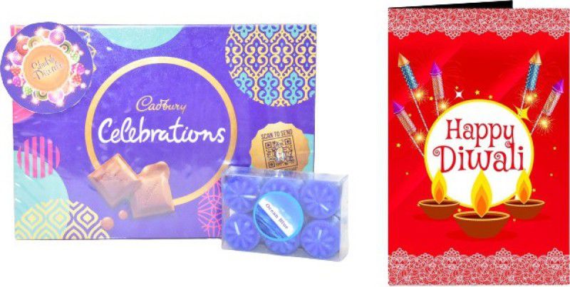 Uphar Creations Celebration Gift Combo With Blue Ocean Candle Set And Diwali card | Diwali Gifts| Chocolate Gifts| Combo  (Dairymilk Celebration Gift Box -1| Diwali Card-1| Diwali Candle Holder-1)