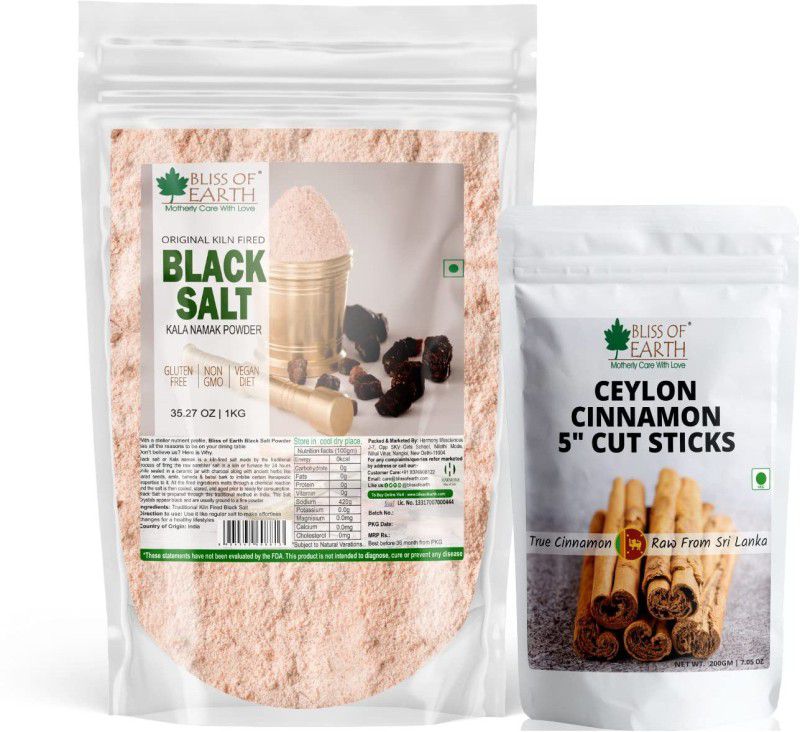 Bliss of Earth Kiln Fired 1kg Black Salt Powder+200gm Ceylon Cinnamon (Dalchini) 5" Cut Sticks Combo  (1 kg Black Salt powder, 200gm cinnamon sticks)
