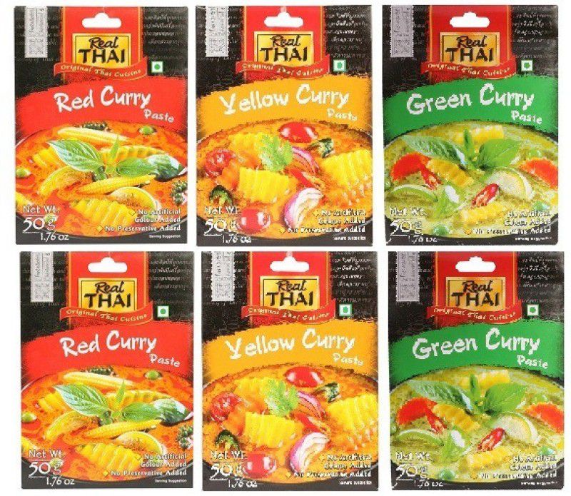 Real Thai 2Red&2Green&2Yellow Curry Paste 50gm(Pack of 6)Imported  (6 x 50 g)