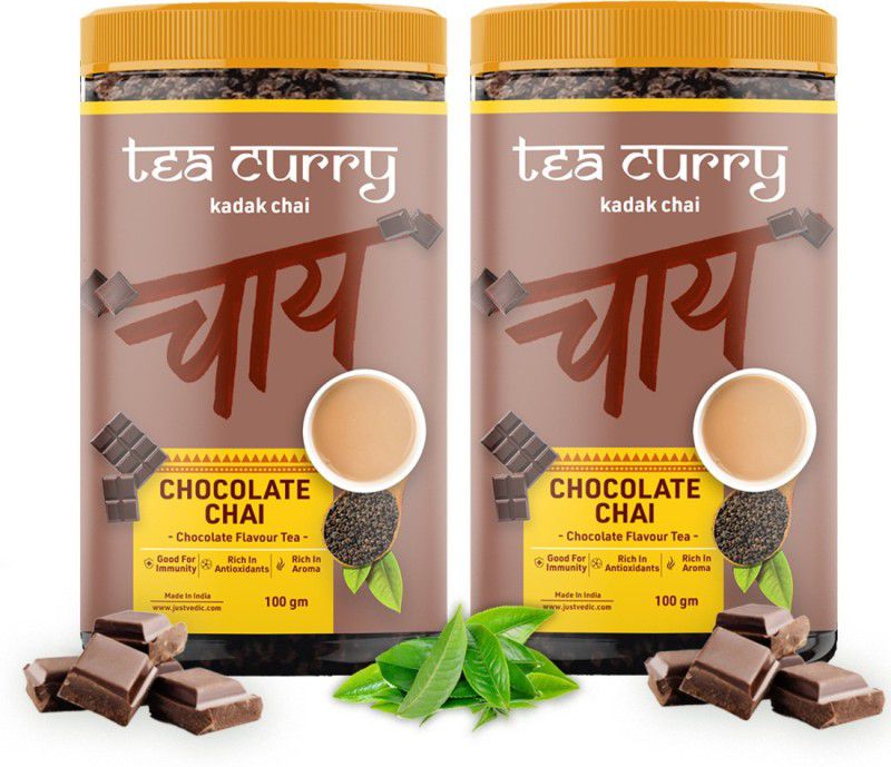 justvedic Chocolate Flavor Chai Tea (200 Grams |100 Cup) - for Blood Pressure, Cholesterol Chocolate Black Tea Tin  (2 x 100)