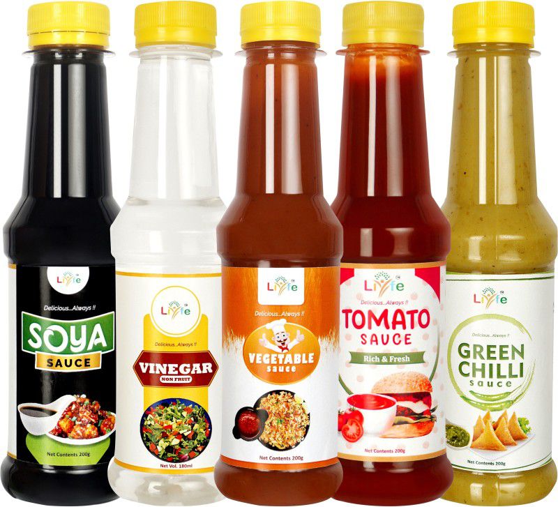 LIYFE Combo of 5 Sauce (Vegetable Sauce+Green Chilli+Soya Sauce+Tomato Ketchup+Vinegar) Sauces & Ketchup  (5 x 200 g)