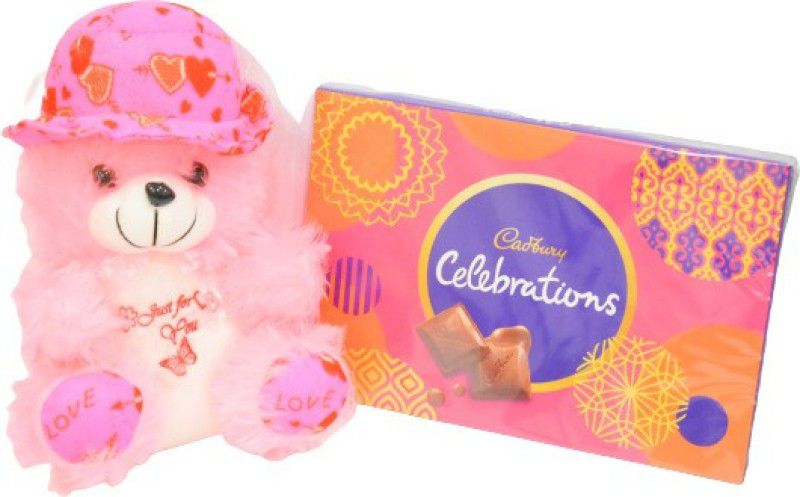 Uphar Creations Cadbury Celebration Gift Pack With Cute Pinkish Teddybear For Your Special Ones | Gift For Every Occassion| Combo  (Cadbury Celebration Gift Pack- 1, Teddy- 1)